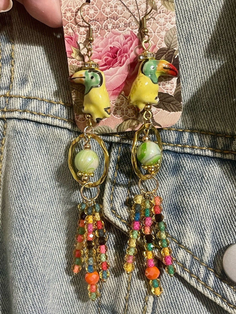 Hand Crafted Multicolor Toucan Sam Dangle Earrings with Gold Accents - Picture 5 of 6